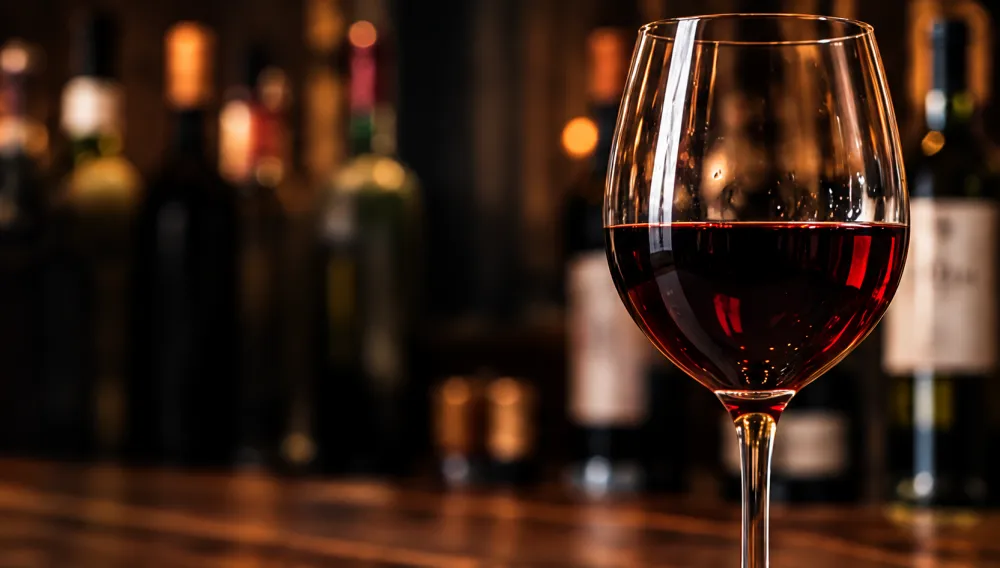 A glass of red wine on the bar
